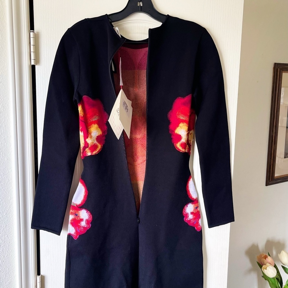 Alexander McQueen Orchid Jacquard Midi Dress Cutouts Medium Black Red Yellow NWT - Picture 7 of 15